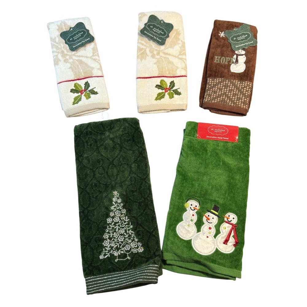 Lot of 5 St Nicholas Square Hand Guest‎ Towels Holiday Christmas Snowmen New